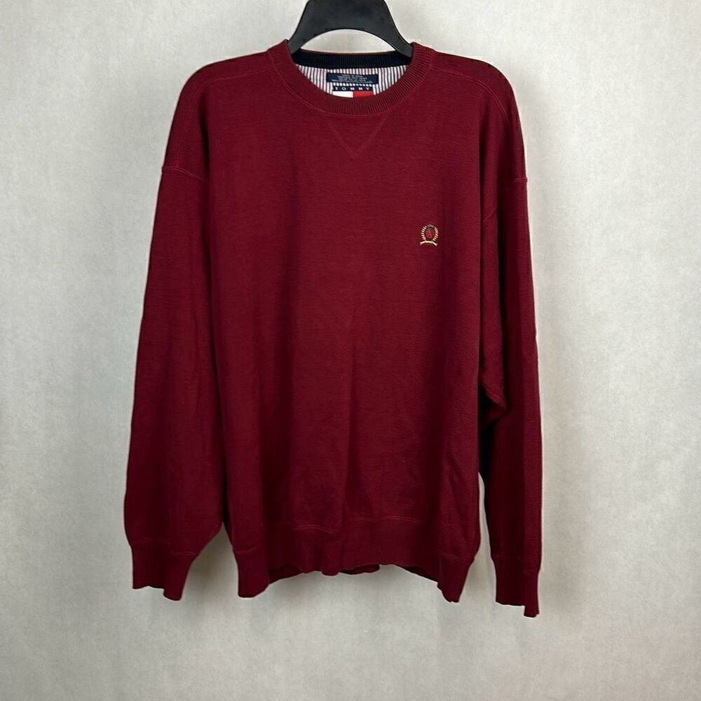 Vtg Y2K Tommy Hilfiger Crew Sweater Mens Sz XL Dark Red Wine Knit Crest Logo Lon